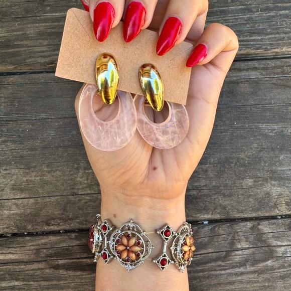 Vintage 🖤 80s Retro Gold Tone & Rose Quartz Pink Dangle Drop Chunky Earrings - Picture 7 of 8